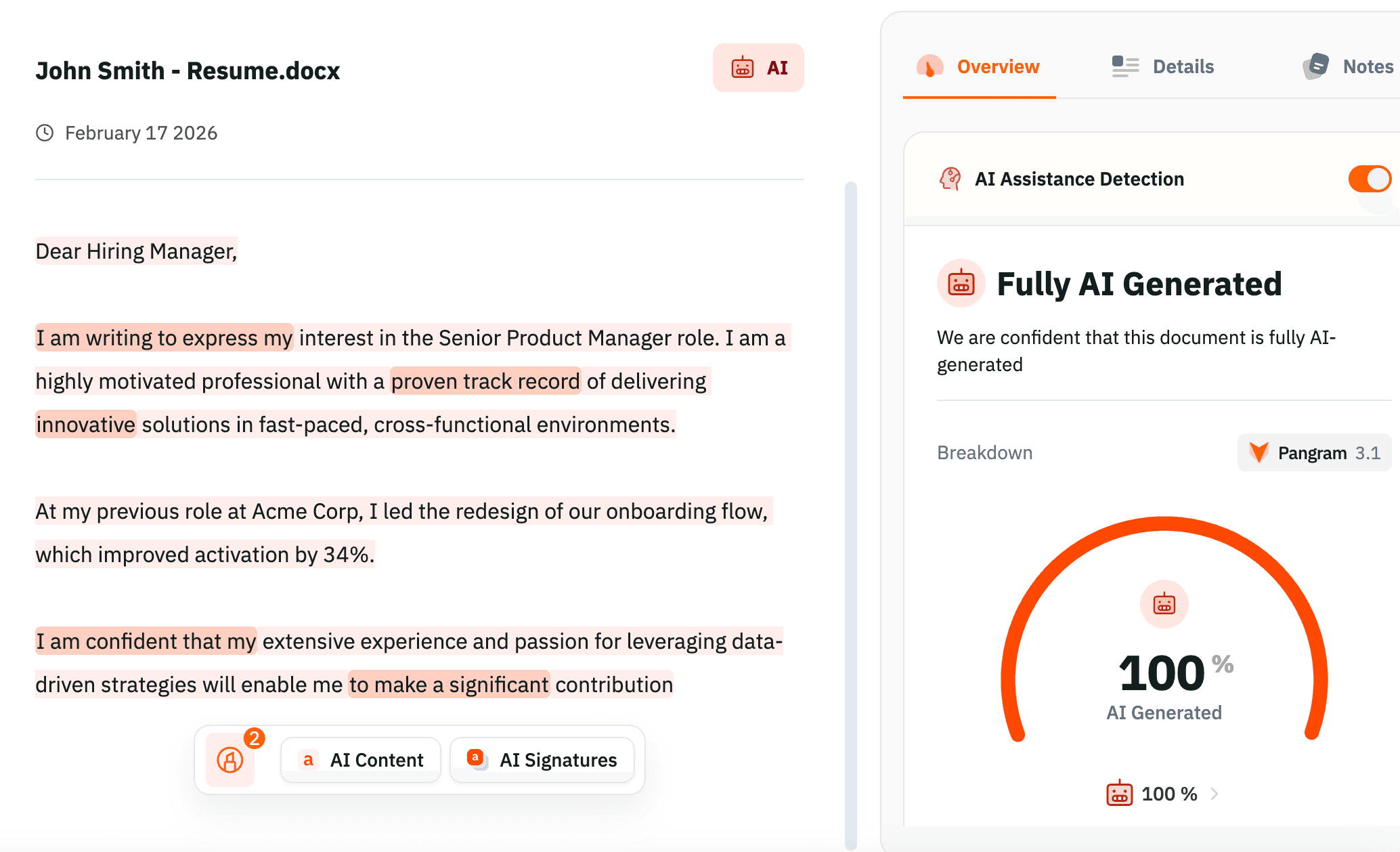 Pangram AI detection scanning a cover letter — showing AI-generated sections highlighted and a 'Fully AI Generated' verdict