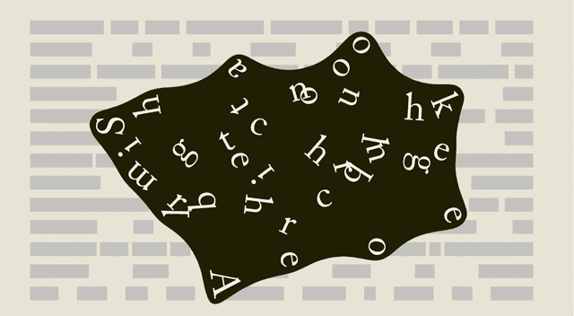 Animation von Buchstaben, die in einem schwarzen Schleim herumschweben