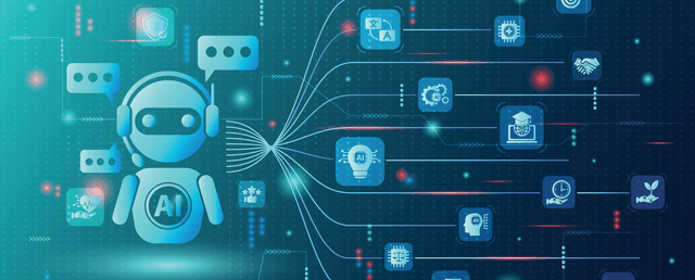 Abstraktes Bild eines Roboters, der mit KI-Symbolen spricht