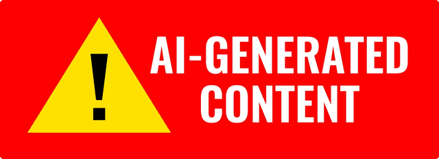 Ein gelbes Warnschild auf rotem Hintergrund mit dem Text „KI-generierter Inhalt“