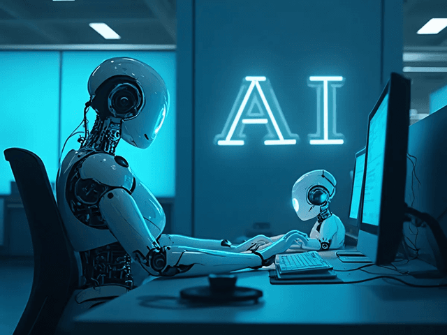 Bild eines Roboters, der einen Computer benutzt